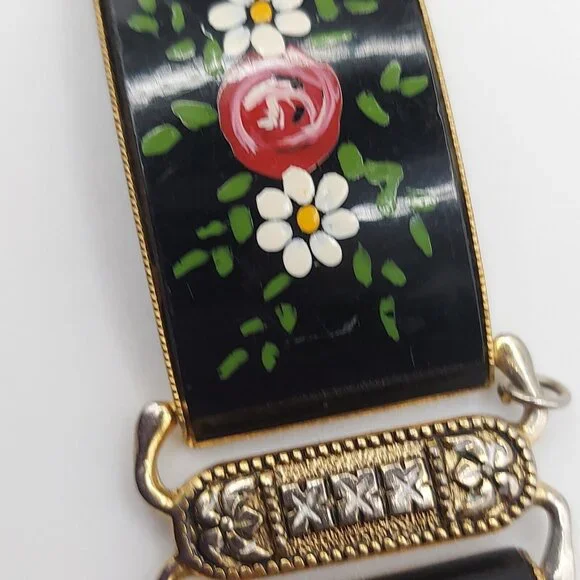 Vintage Hand Painted Floral Panel Bracelet Gold Tone Damascene Made in Spain - Picture 2 of 7